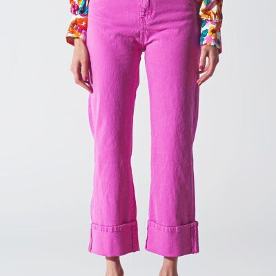 Straight Leg Jeans with Cropped Hem in Fuchsia