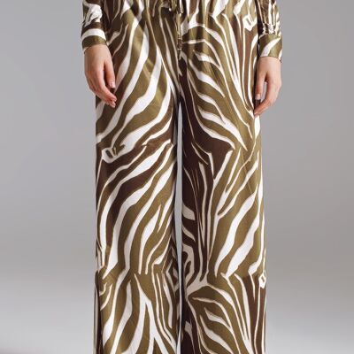 Straight Pants with zebra print in Olive Green and White