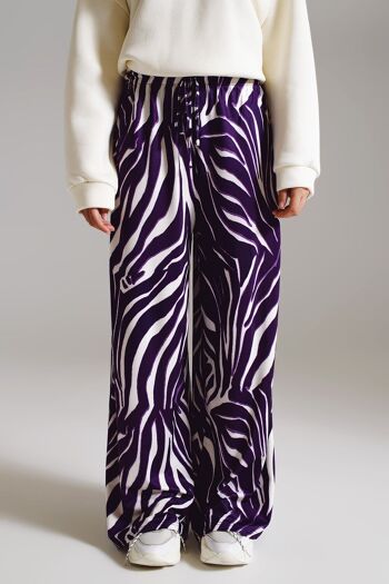 Pantalon droit à imprimé zèbre en violet et blanc 1