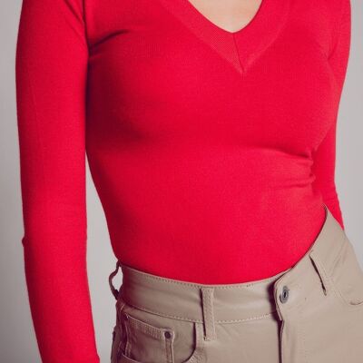 V neck fine knit jumper in red