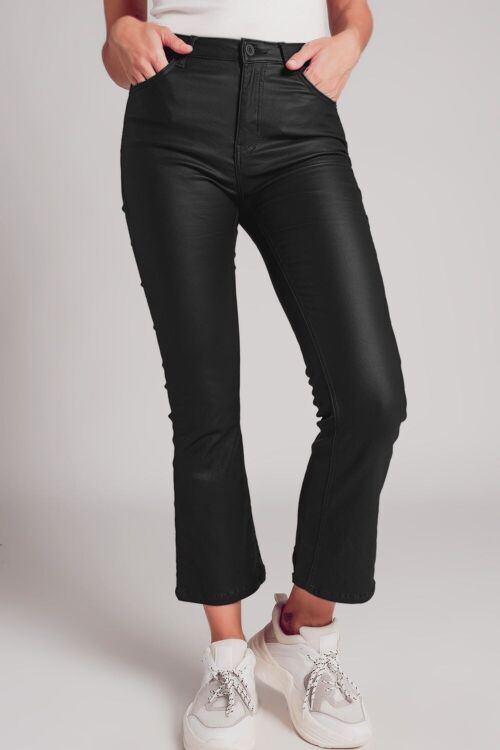 Stretch faux leather flare pants in black