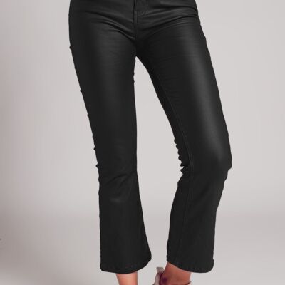 Stretch faux leather flare pants in black