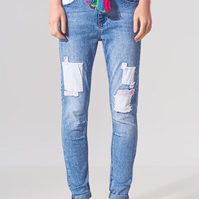 Stretch Skinny Jeans with Patches in Mid Wash and Belt Detail