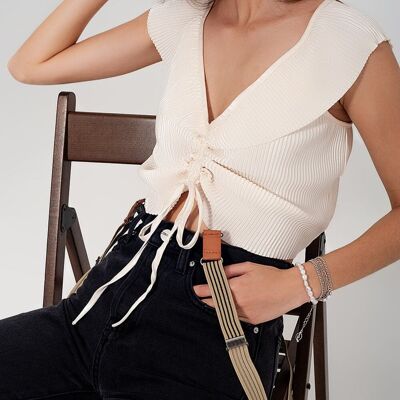 Tie front shirred detail volume sleeve crop top in cream