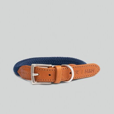 Hackett x Hugo & Hudson Marineblaues, rundes Seil-Hundehalsband mit cognacfarbenem Leder