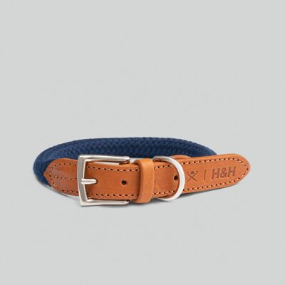 Hackett x Hugo & Hudson Navy Round Rope Dog Collar with Cognac Leather