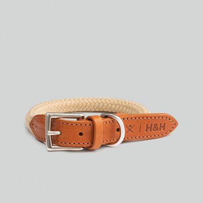 Hackett x Hugo & Hudson – Natürliches, rundes Hundehalsband aus Seil mit Cognac-Leder