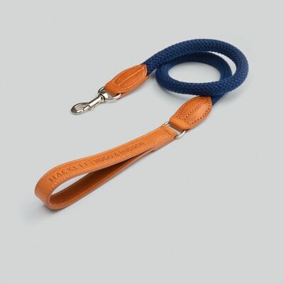 Hackett x Hugo Hudson Navy Round Rope Dog Lead with Cognac Leather