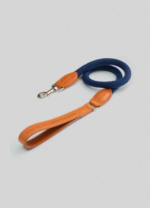 Hackett x Hugo & Hudson Navy Round Rope Dog Lead with Cognac Leather