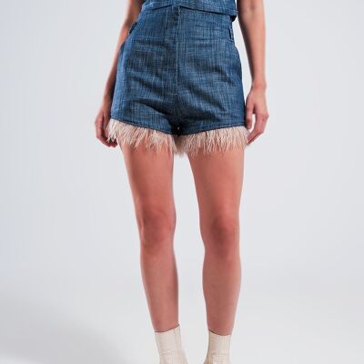 Pantaloncini da abito blu con orlo in finta piuma