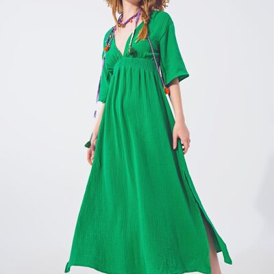 Robe longue texturée à col en V en vert