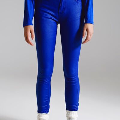 Pantalón super skinny piel sintética en azul eléctrico