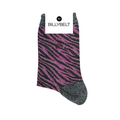 Glitzernde Socken aus gekämmter Baumwolle Zebra – Lila und Grün
