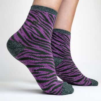 Chaussettes pailletées en coton peigné Zèbre - Violet et vert 2