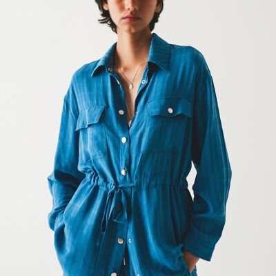 Camisa de manga larga con lazo en la cintura en azul