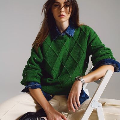 Sweater With Argyle Knit With Embellished Details in Green