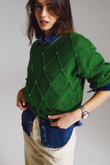 Pull en maille à losanges avec détails embellis en vert 6