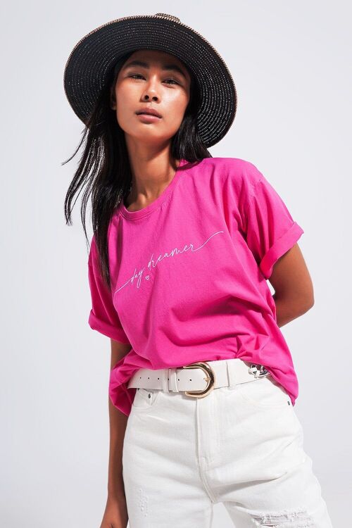T shirt with text print in fuchsia