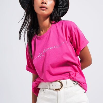 T shirt with text print in fuchsia