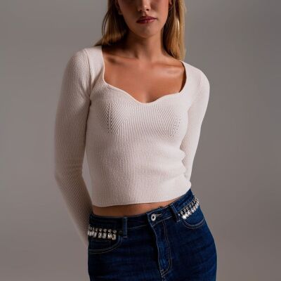 Chenille-Pullover mit herzförmigem Ausschnitt in Creme