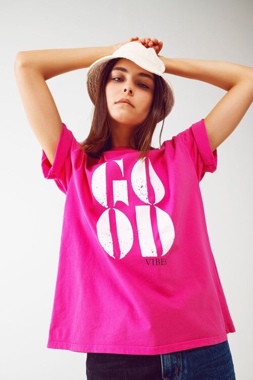 T-shirt With Good Vibes Text In Fuchsia