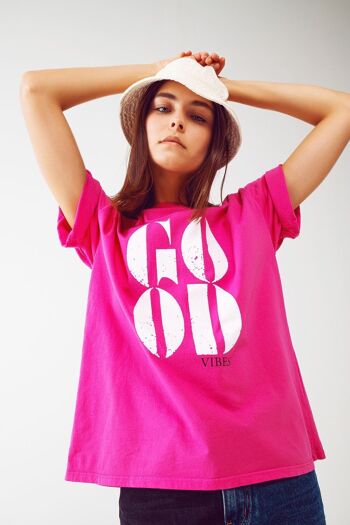 T-shirt avec texte Good Vibes en fuchsia 1