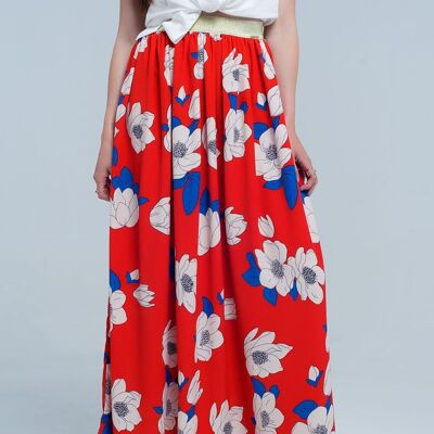 Red long skirt with printed flowers