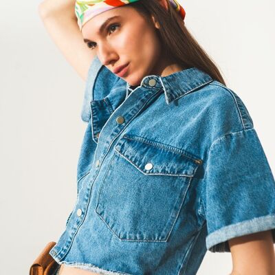Denim cropped shacket in authentic blue