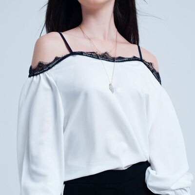 White top with black lace and bare shoulders