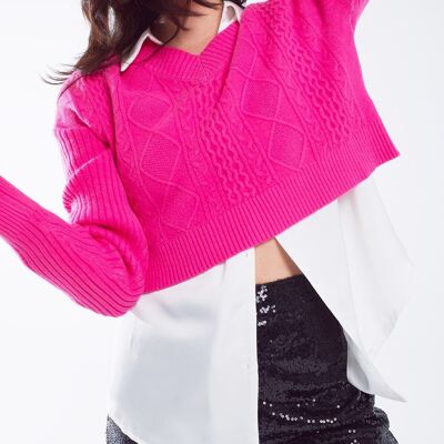 Cropped Cable Knit Sweater with V Neckline in Fuchsia