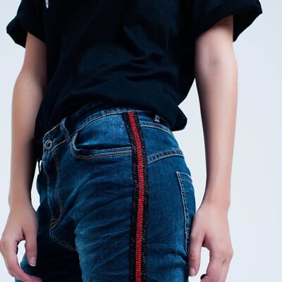 Jeans Boyfriend blu scuro con banda laterale rossa