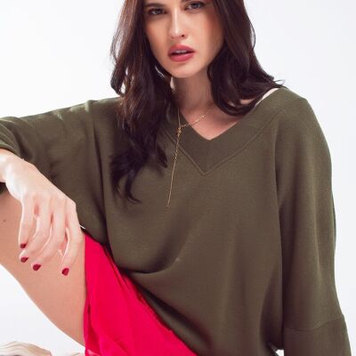 Oversized Olive Green Swearshirt wth V-Neckline