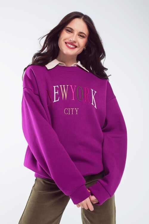 Oversized Sweatshirt With Embroidered New York City in Purple