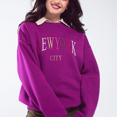 Oversized Sweatshirt With Embroidered New York City in Purple