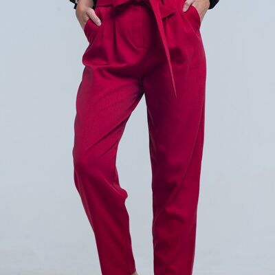 High waist red pants with belt