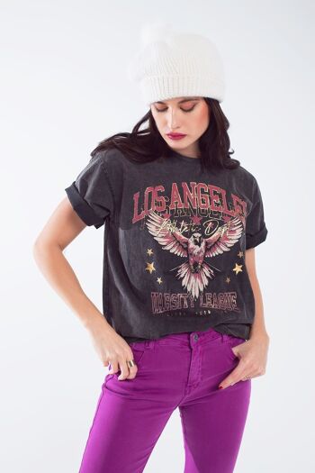 T-shirt noir délavé avec imprimé Los Angles sur le devant 5