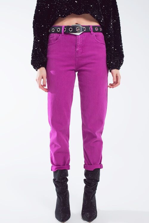 Cotton mid rise slouchy jean in Magenta
