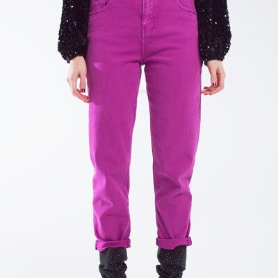Cotton mid rise slouchy jean in Magenta