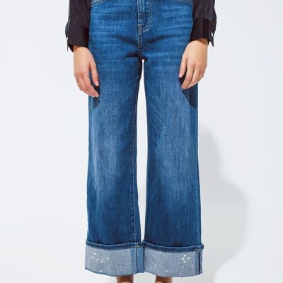 Jeans mit geradem Bein, gefaltetem Saum und Paillettendetail in mittlerer Waschung