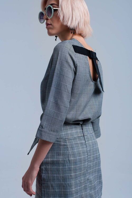 Gray tartan pattern top with ribbons