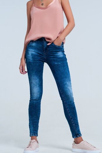 Jean skinny taille haute délavage bleu vif 1