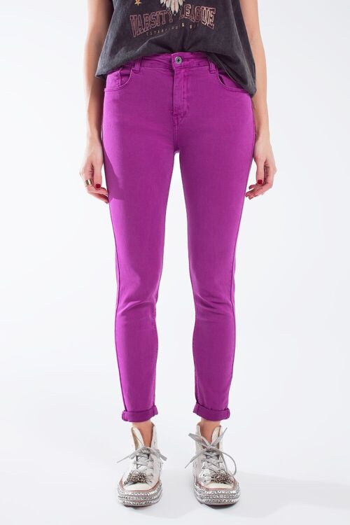 Fuchsia ankle super skinny jeans with soft wrinkles