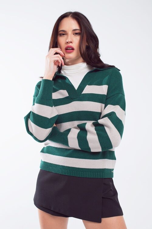 Green and white striped sweater with V neck and polo collar
