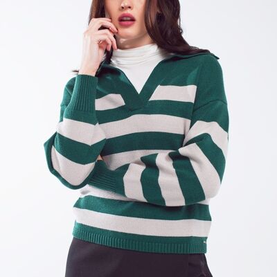 Green and white striped sweater with V neck and polo collar