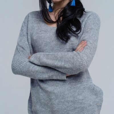 Gray knitted sweater with tie-back closure