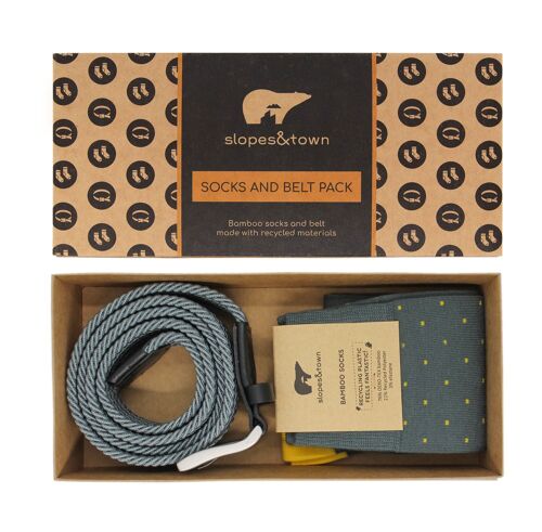 BELT AND SOCKS PACK RECYCLED STEEL GREY BELT AND BAMBOO SOCKS