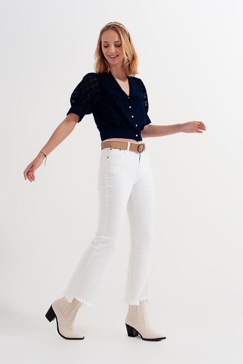 Rigid cropped flare jeans in cream with raw hem