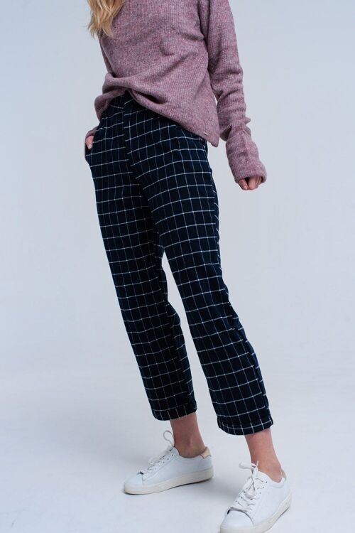 Navy Pants in White Tartan Print