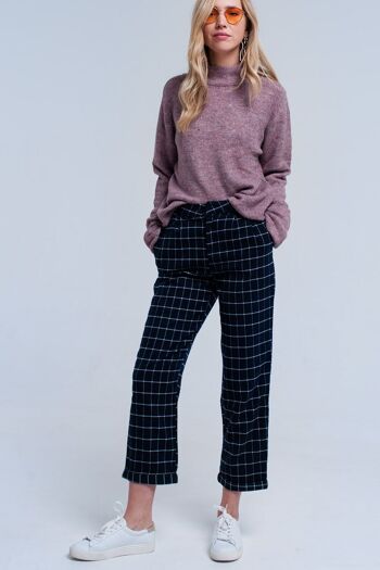 Pantalon bleu marine à imprimé tartan blanc 3