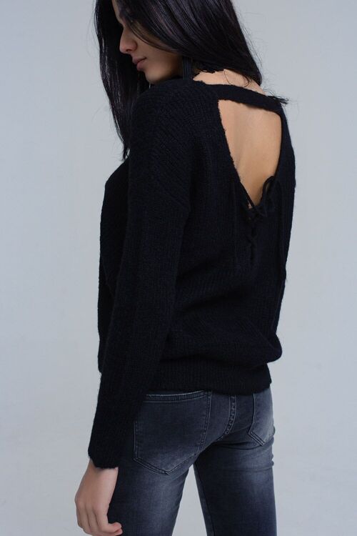 Black knitted sweater with tie-back closure